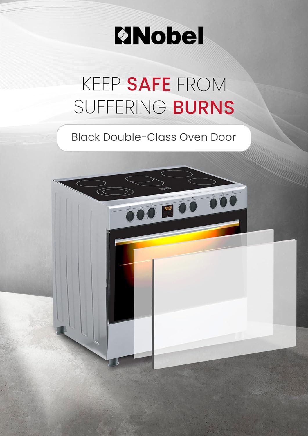 Nobel Electric Cooker 5 Burner Ceramic Top With Oven Made In Turkey Size (90 x 60) cm Silver Model NGC90VTC - Image 4