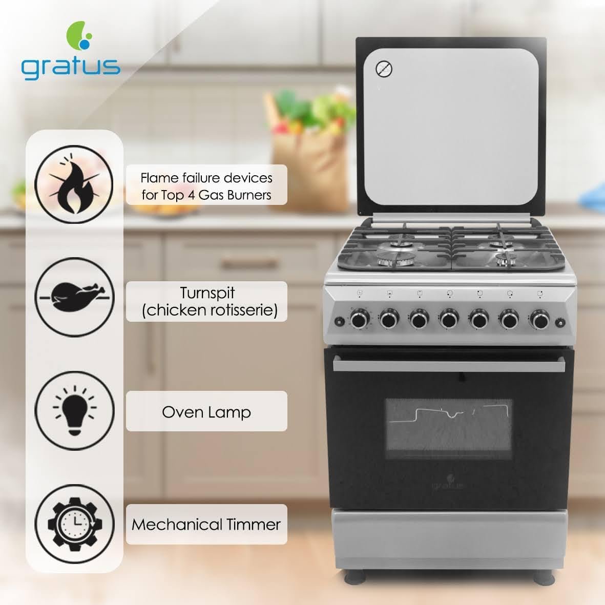 Gratus 60×60 Free Standing Gas Cooker, 4 burners; Turbo Fan, Double safety, Commercial Cast Iron, Model- FCR604KTSS1 - Image 2
