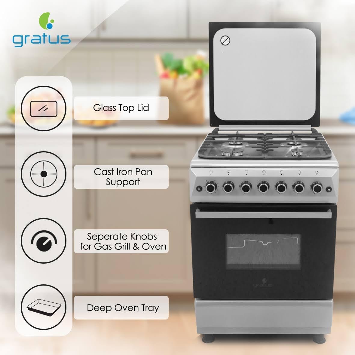 Gratus 60×60 Free Standing Gas Cooker, 4 burners; Turbo Fan, Double safety, Commercial Cast Iron, Model- FCR604KTSS1 - Image 3
