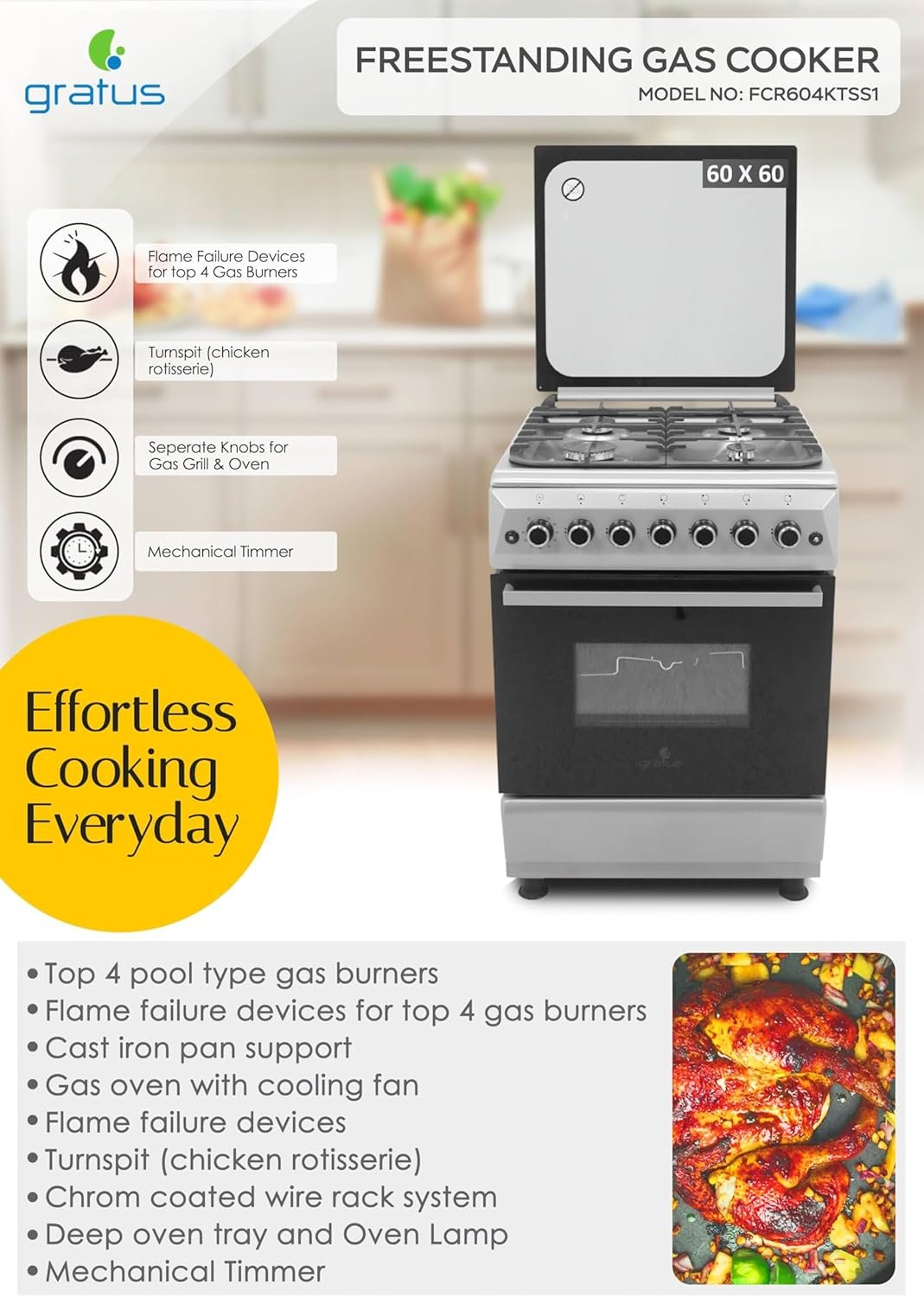 Gratus 60×60 Free Standing Gas Cooker, 4 burners; Turbo Fan, Double safety, Commercial Cast Iron, Model- FCR604KTSS1 - Image 4