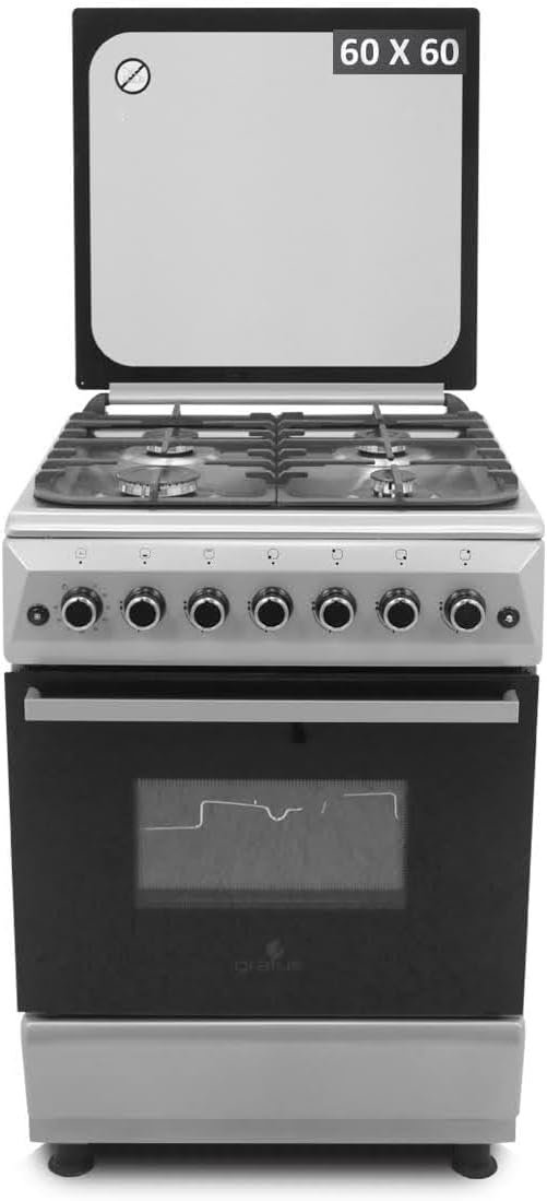 Gratus 60×60 Free Standing Gas Cooker, 4 burners; Turbo Fan, Double safety, Commercial Cast Iron, Model- FCR604KTSS1
