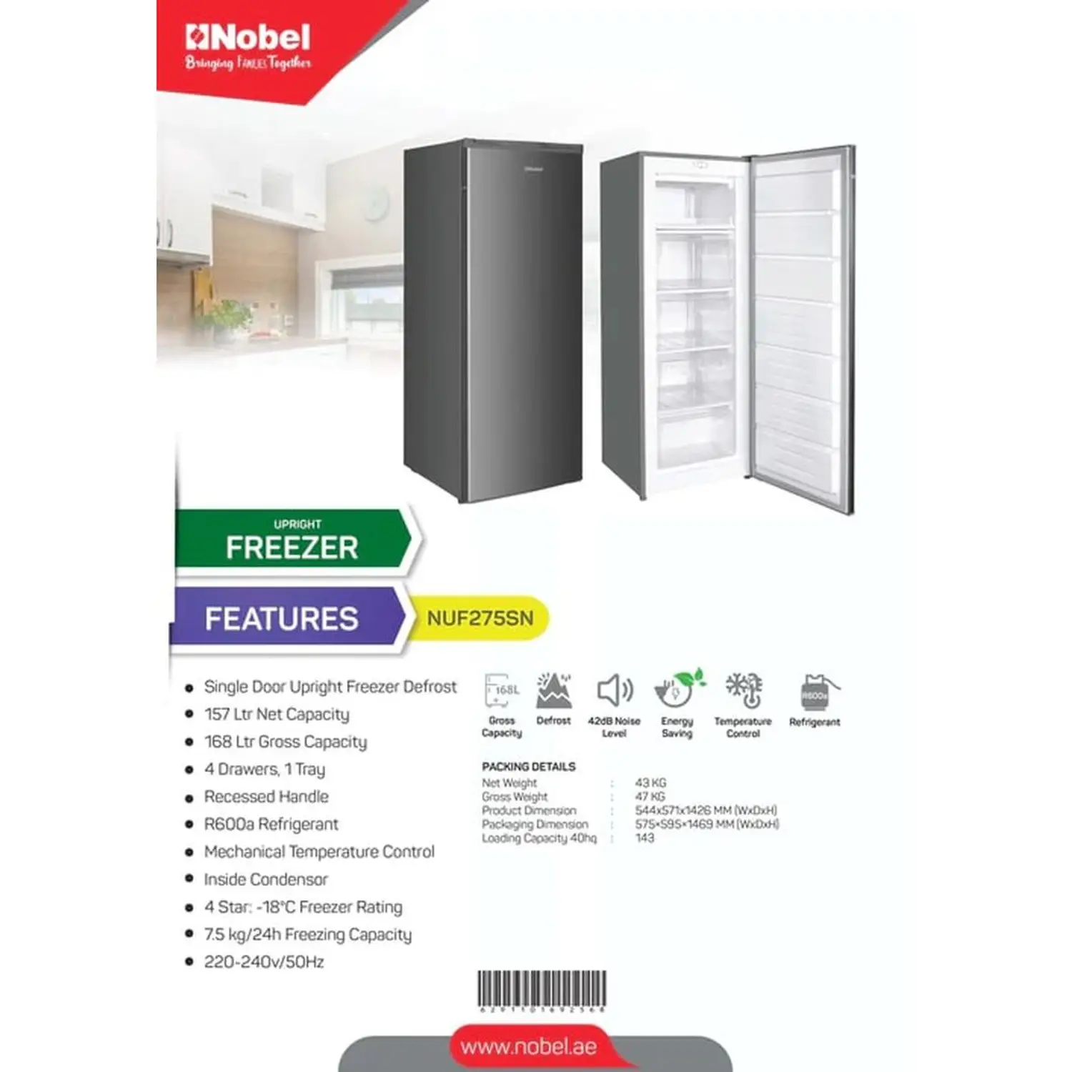 Nobel Upright Freezer 185 Litres NUF275SN