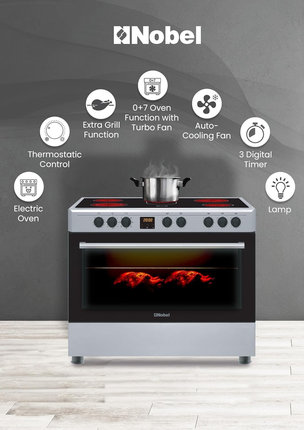 Nobel Electric Cooker 5 Burner Ceramic Top With Oven Made In Turkey Size (90 x 60) cm Silver Model NGC90VTC - Image 3